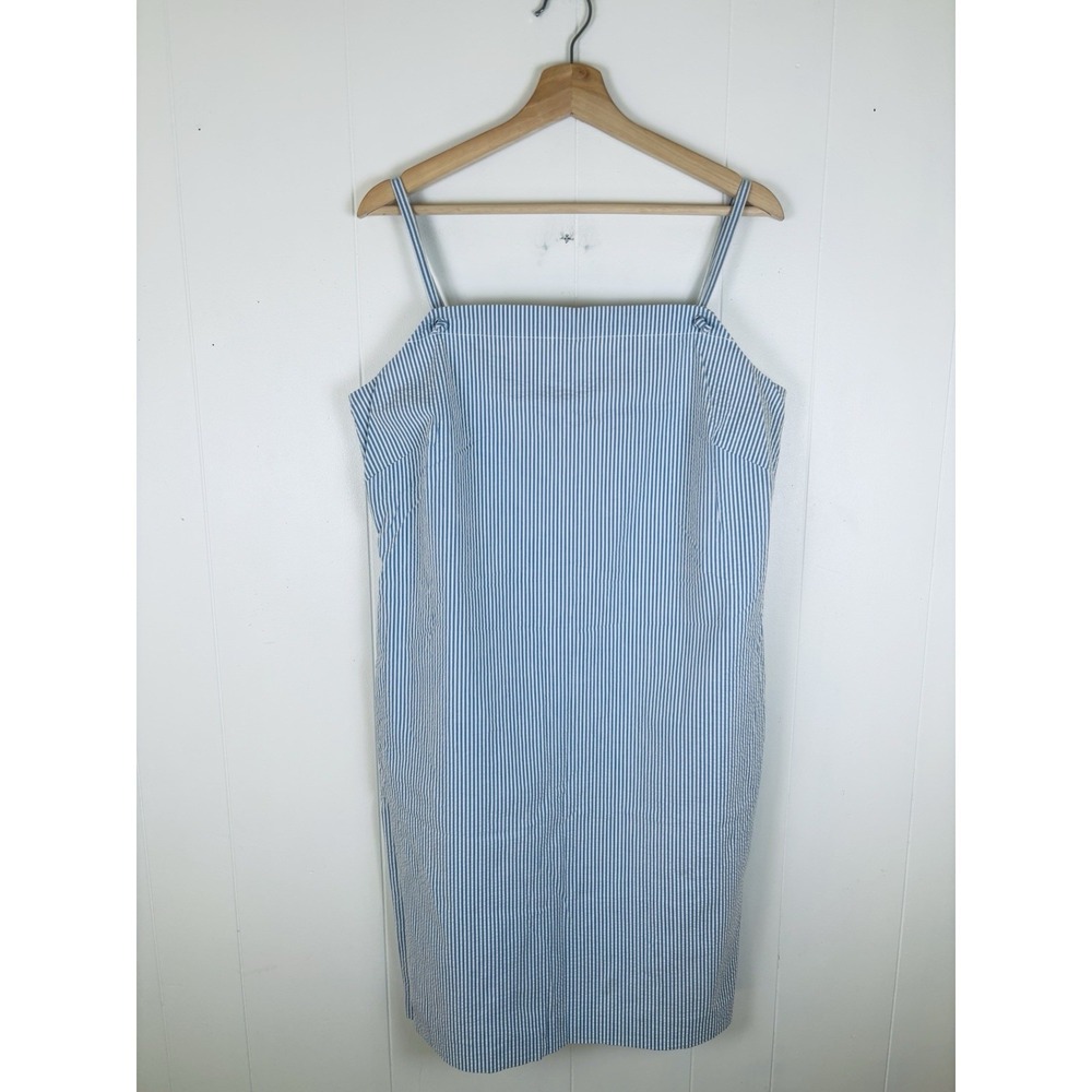 VTG Ann Taylor LOFT Blue White Striped Seersucker Sleeveless Dress Sz 12 Lined - Picture 1 of 10